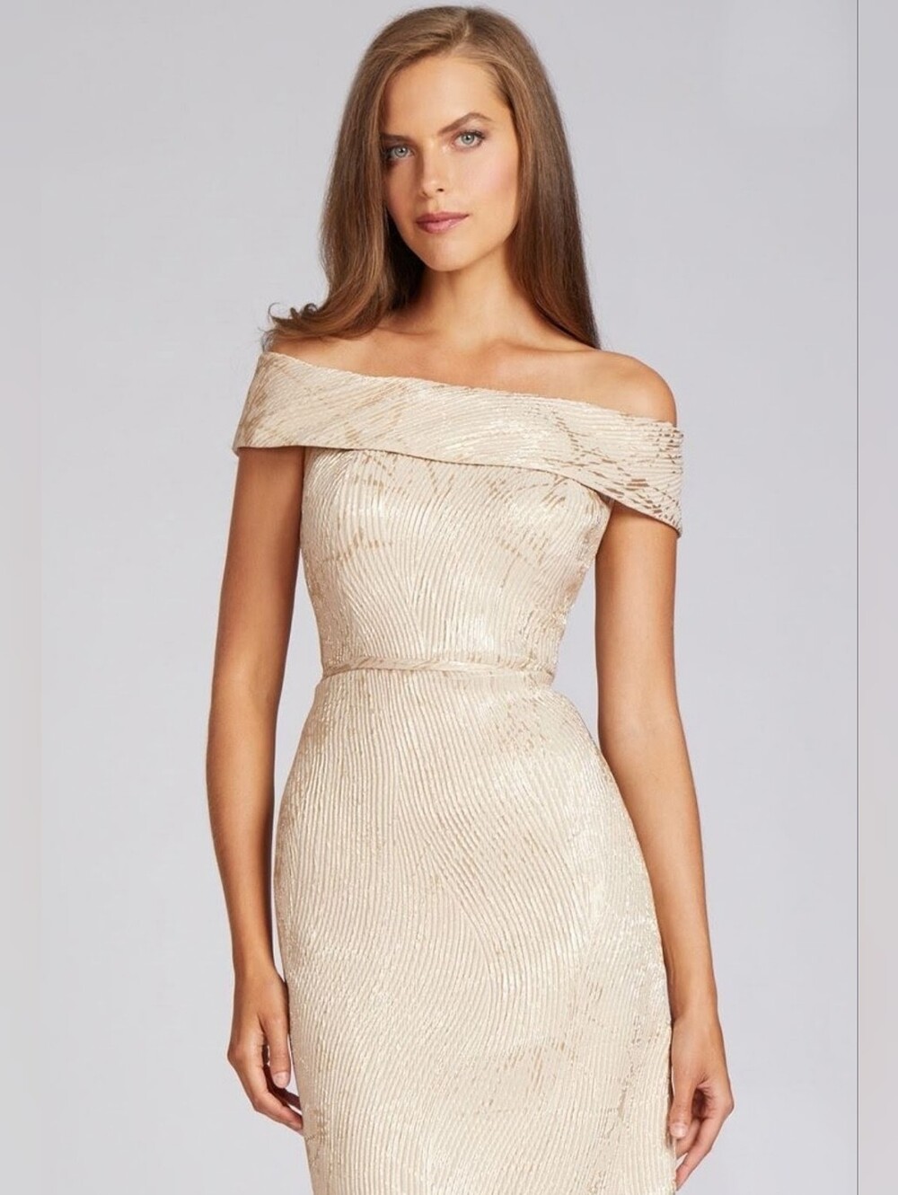 Teri Jon By Rickie Freeman Gold Jacquard Off Shoulder Mini Sheath Dress Size 6